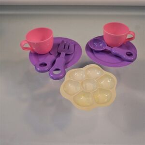 Vintage Child Play Kitchen Dishes Toys Plates Cups Cutlery Lot Of 8